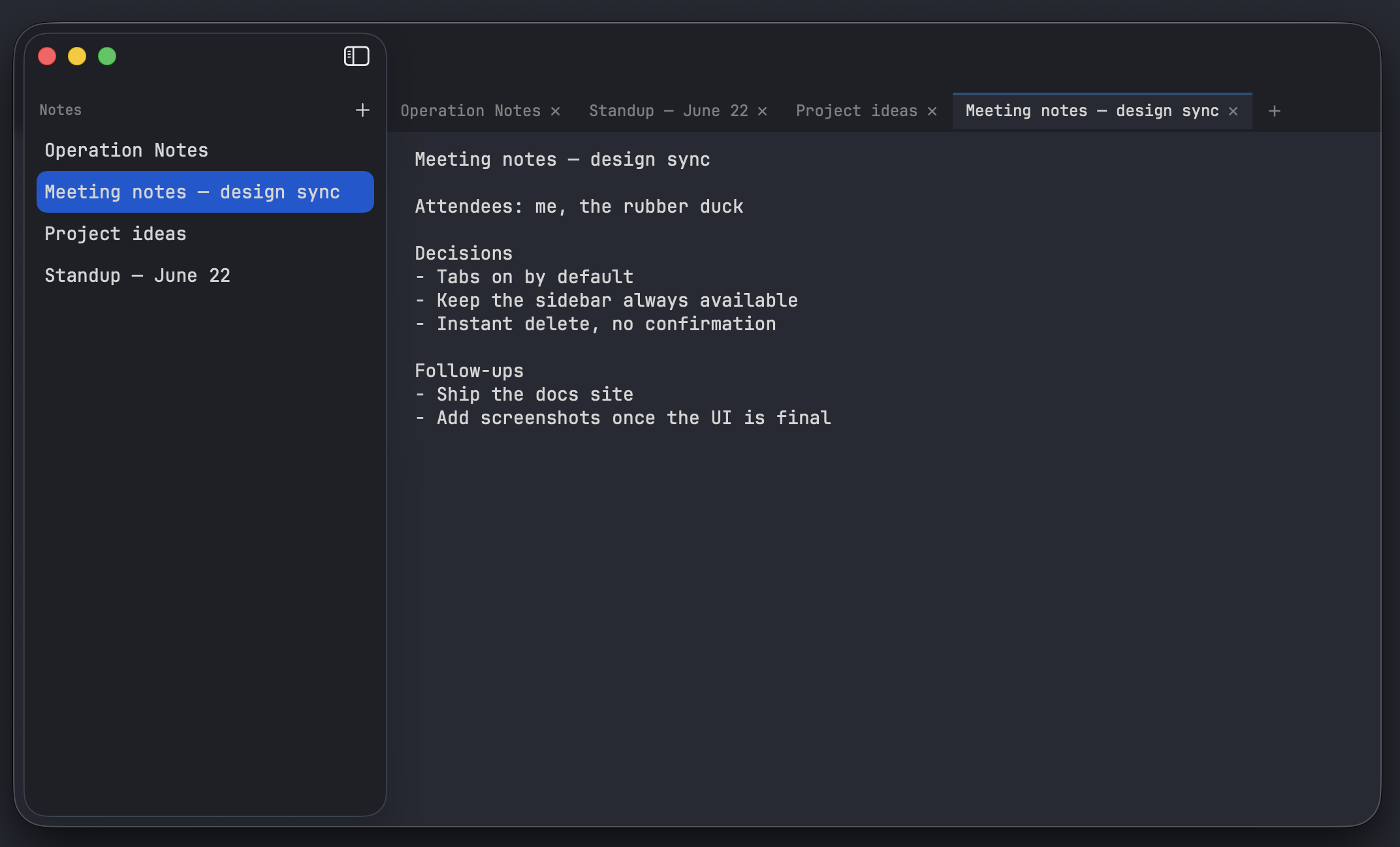 NoteNest showing the sidebar, tab bar, and a note open in the editor